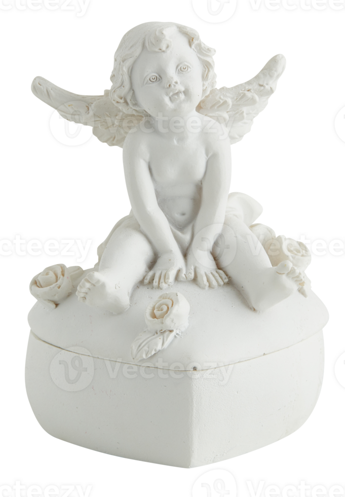 plaster angel with Christmas wings sits on a heart shaped box cut out isolated transparent background png