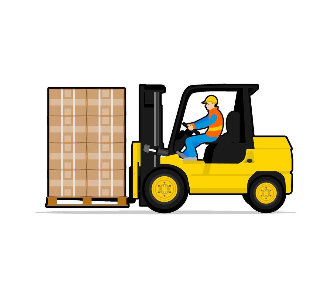 side view of forklift with driver and pile of boxes vector