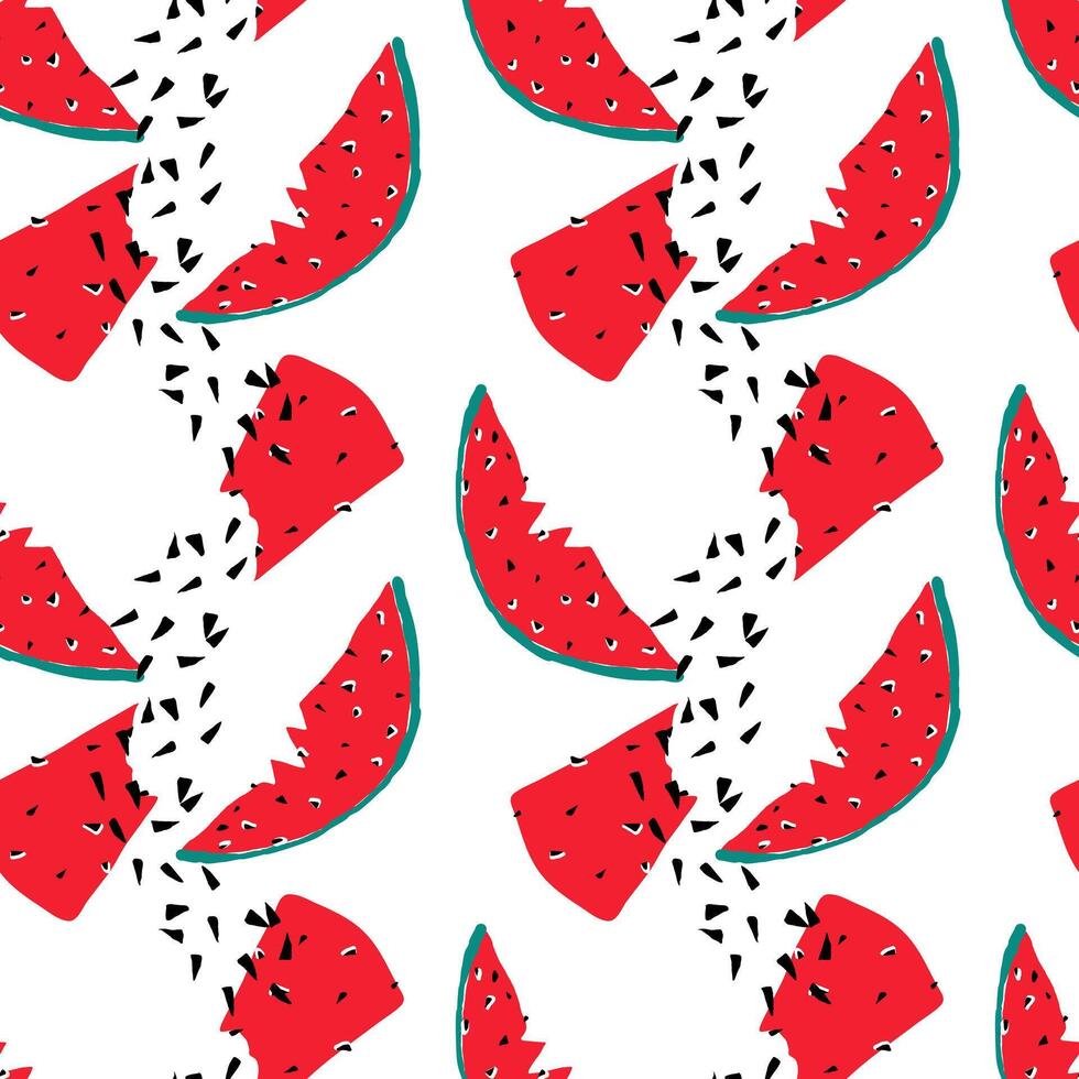 Summer trendy seamless pattern in children's doodle style hand drawn. Watermelon, watermelon seeds vector