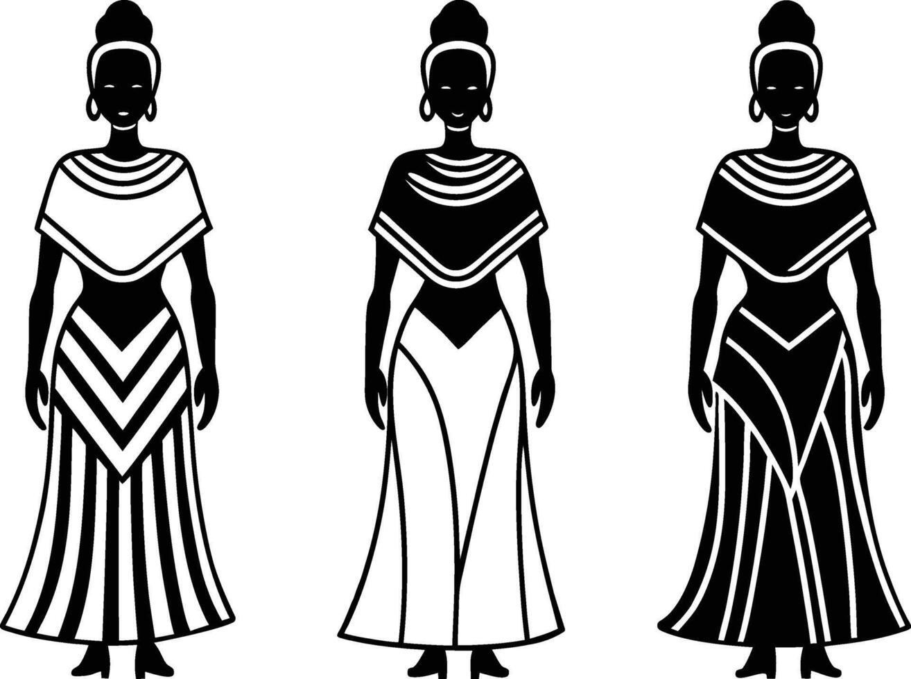 African Women Silhouettes Tribal Line Art in Ethnic Dress Free download vector