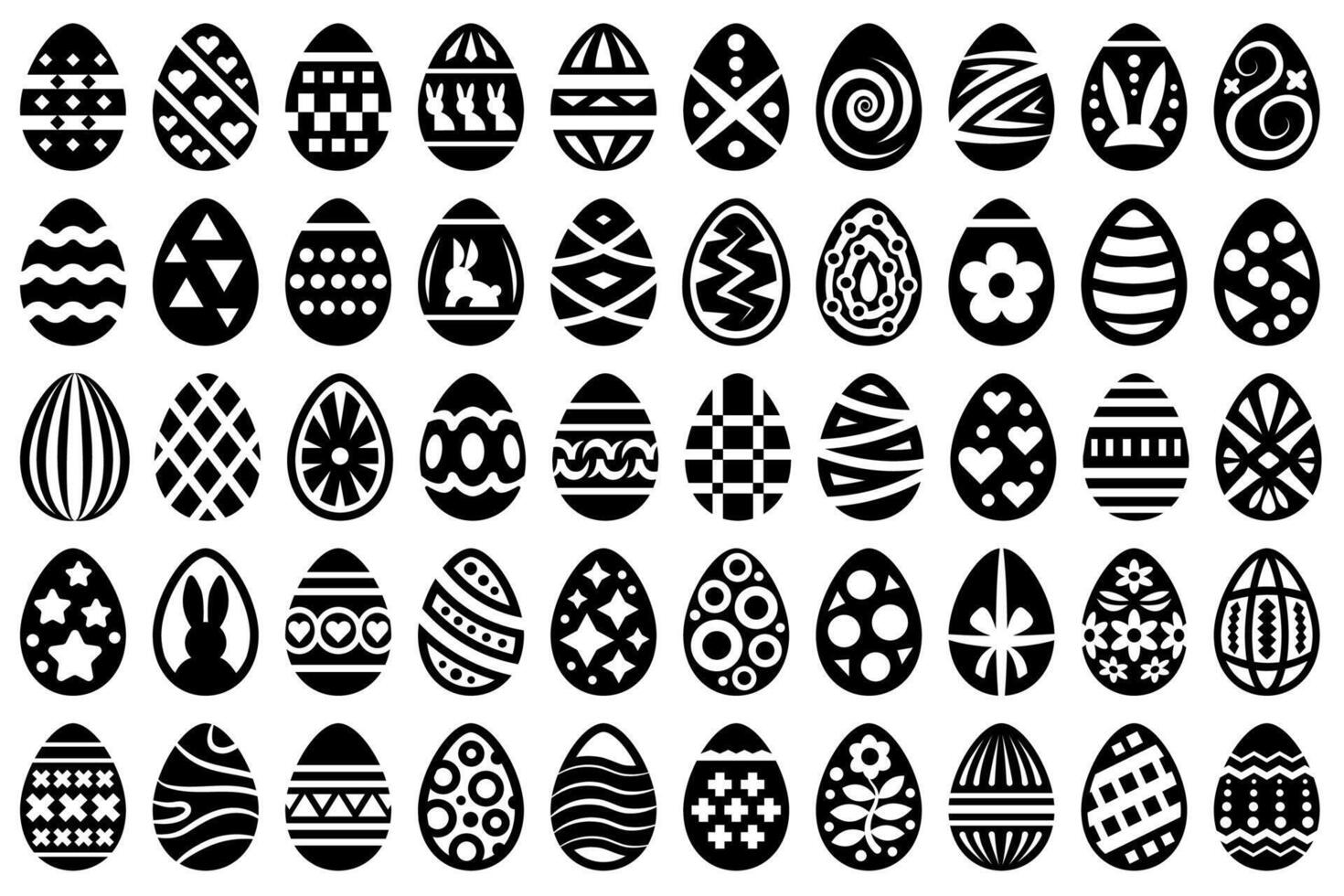 Set of Black and White patterned Easter Eggs. Decorative Easter eggs with geometric shapes, bunnies, hearts, stars, and floral design elements. vector