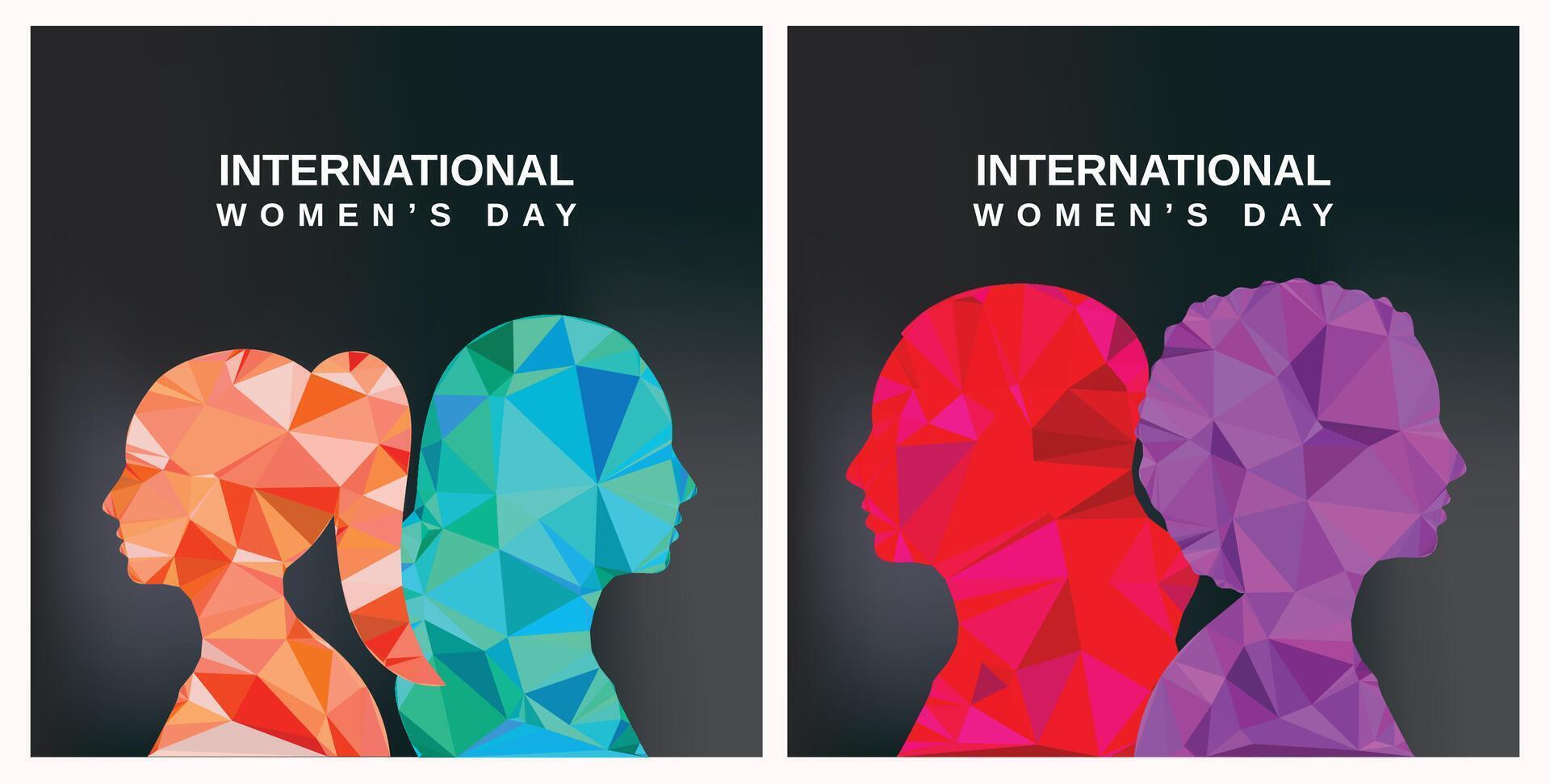 Flat design illustration set for Womens Day showcasing diverse female characters in geometric shapes, celebrating empowerment, inclusivity, and individuality in a modern and vibrant style. vector