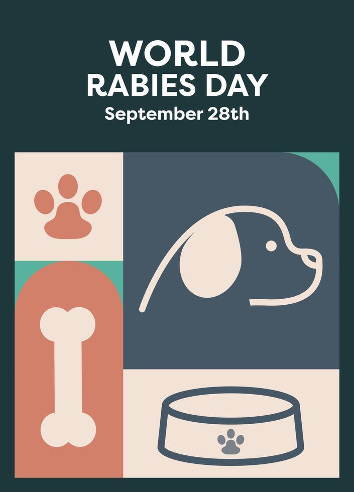 Flat design poster for Rabies Day, Pet Day, and Veterinarian Day, highlighting vibrant animal illustrations and veterinary symbols to promote awareness and educate the community. vector