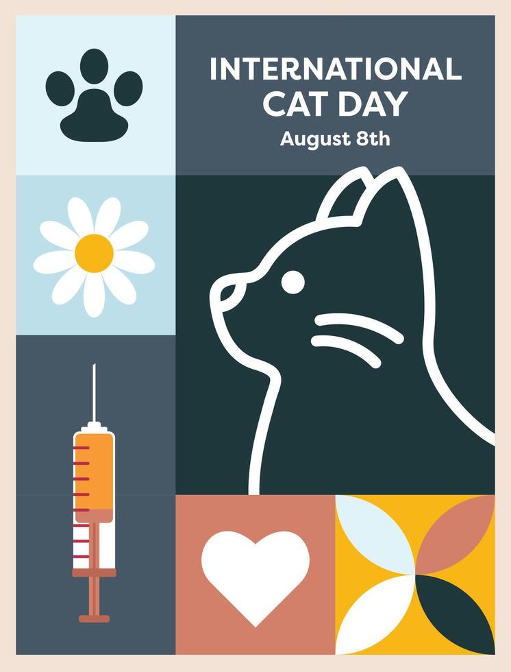 Flat design poster celebrating Cat Day, featuring vibrant, playful cat illustrations to raise awareness, promote love, and show appreciation for cats in a creative and artistic way. vector
