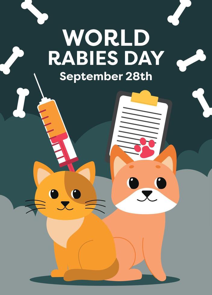 Flat design poster Rabies Day, Pet Day, and Veterinarian Day, with lively animal illustrations and veterinary symbols, designed for spreading awareness and educating the public on animal health. vector