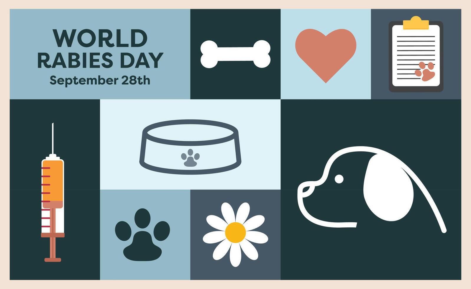 Flat design poster combining Rabies Day, Pet Day, and Veterinarian Day, with vibrant animal graphics and veterinary symbols, designed to raise awareness and educate about animal care and safety. vector