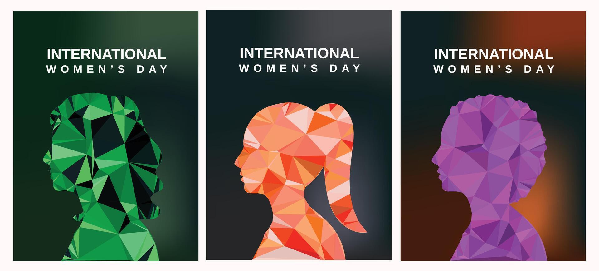 A collection of flat design illustrations for Womens Day featuring women of various backgrounds in geometric forms, celebrating empowerment, inclusivity, and the power of individuality. vector