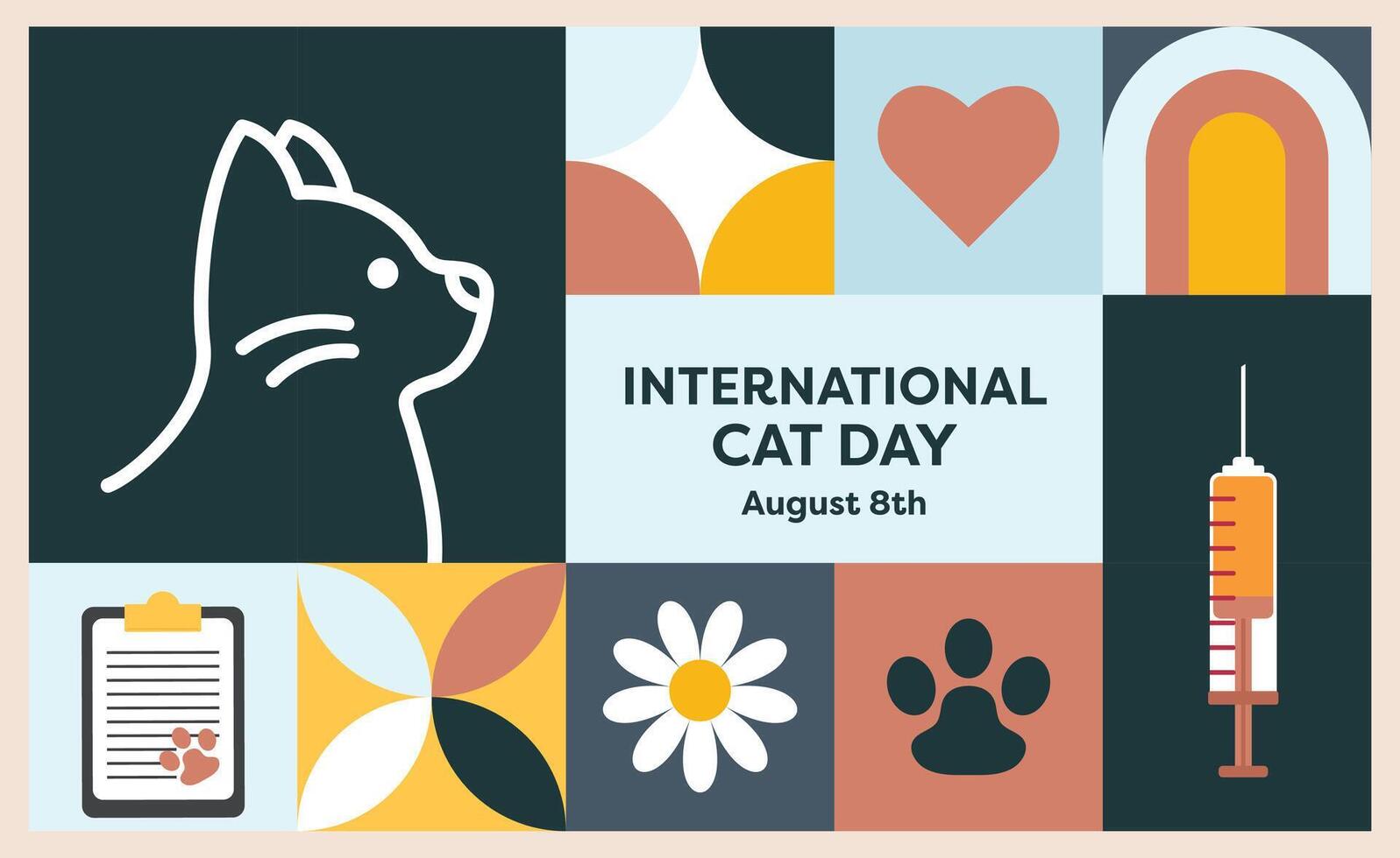 Playful and vibrant flat design poster for Cat Day, featuring cat illustrations that promote awareness, love, and appreciation for cats, designed in a fun, artistic, and eye-catching style. vector