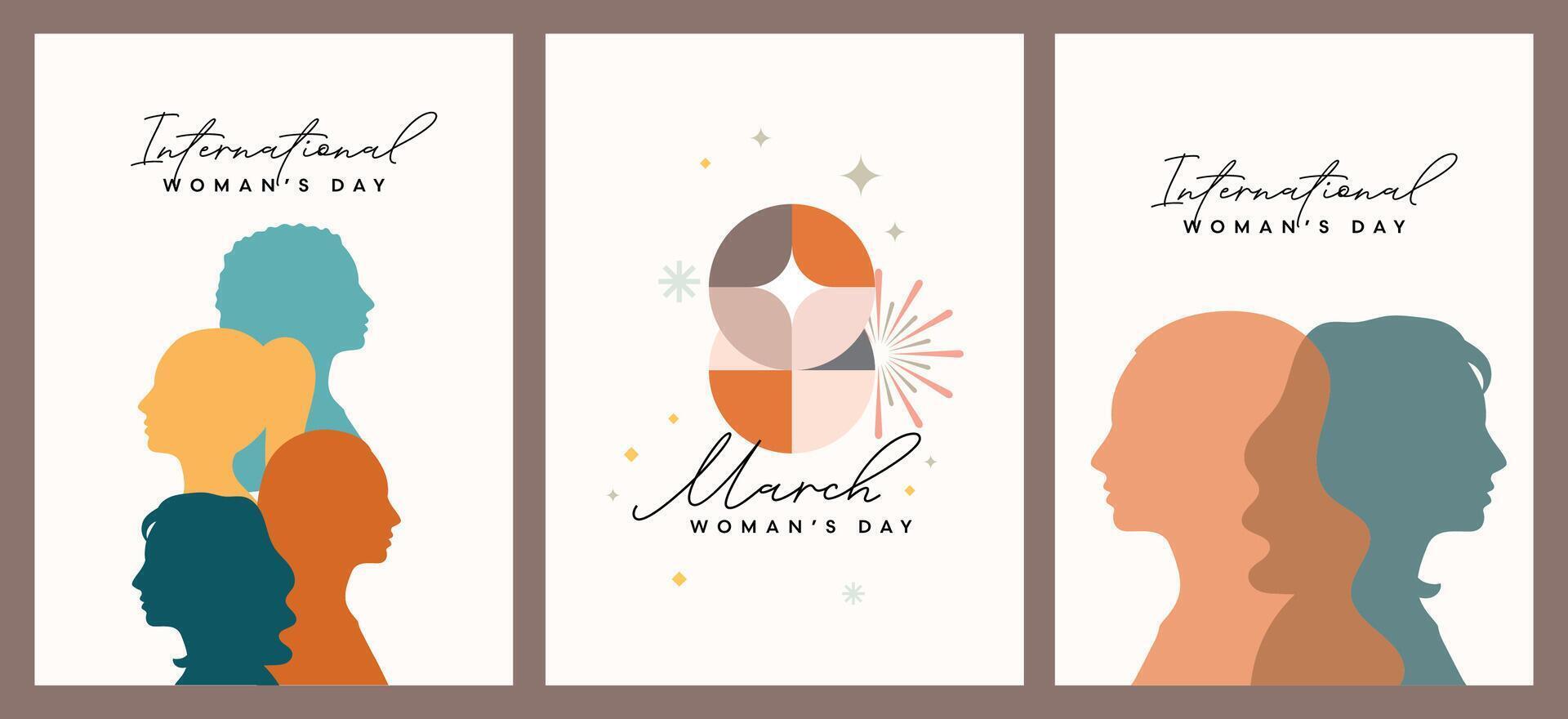 Flat design illustration set for Womens Day featuring diverse female characters with unique traits, celebrating strength, equality, and inclusivity. vector
