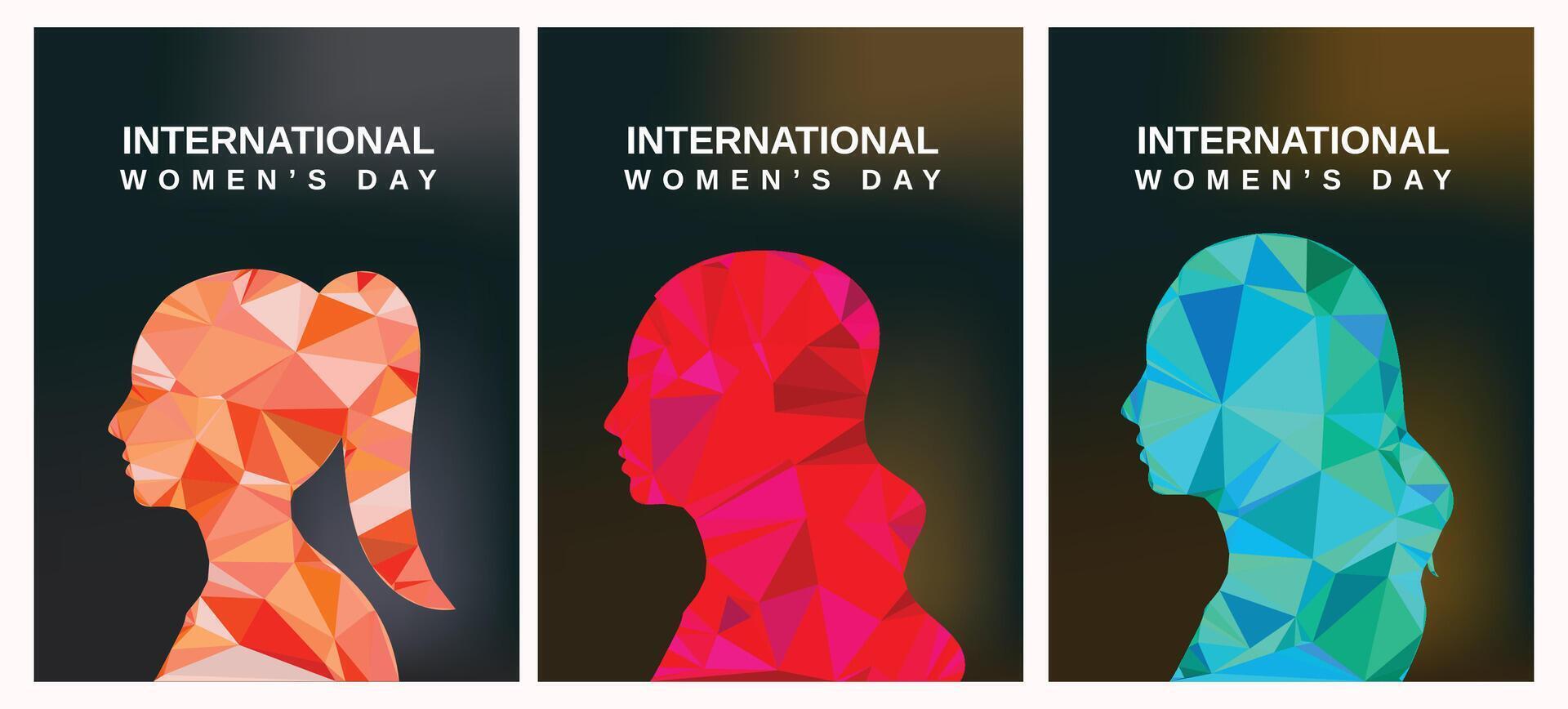 Flat design set illustration for Womens Day featuring diverse female characters in geometric shapes, celebrating empowerment, inclusivity, and individuality. vector