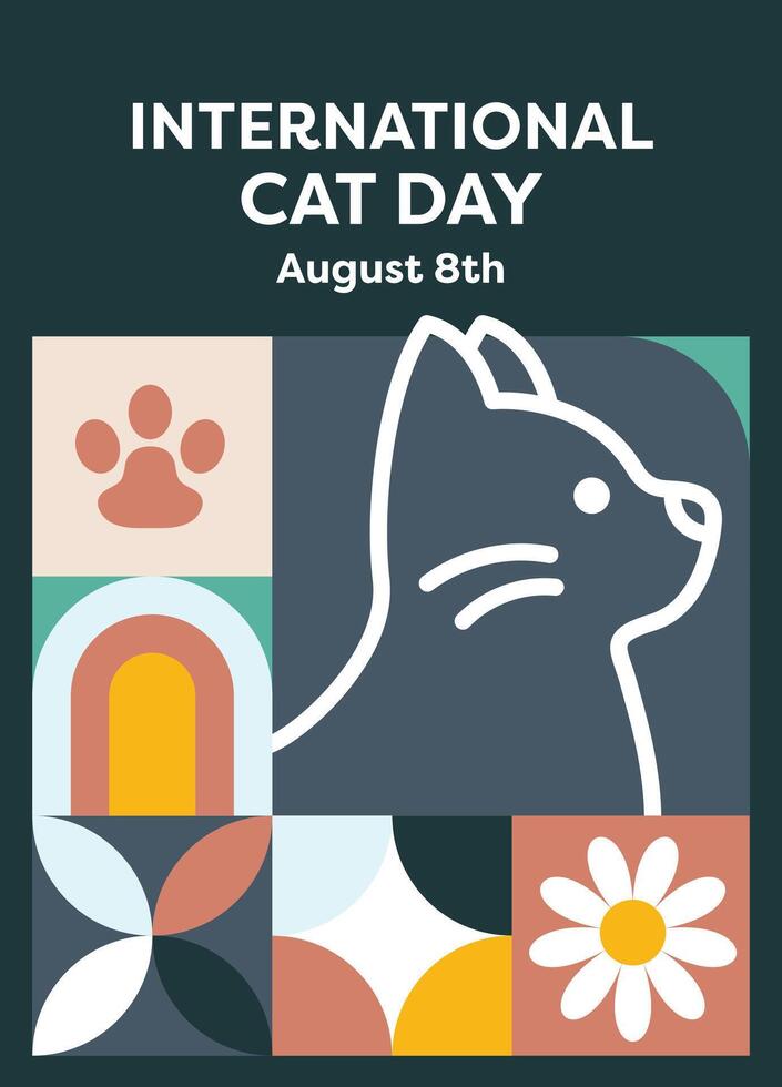 Flat design poster celebrating Cat Day with vibrant, playful cat illustrations to raise awareness and encourage love and appreciation for cats, presented in a creative and artistic manner. vector
