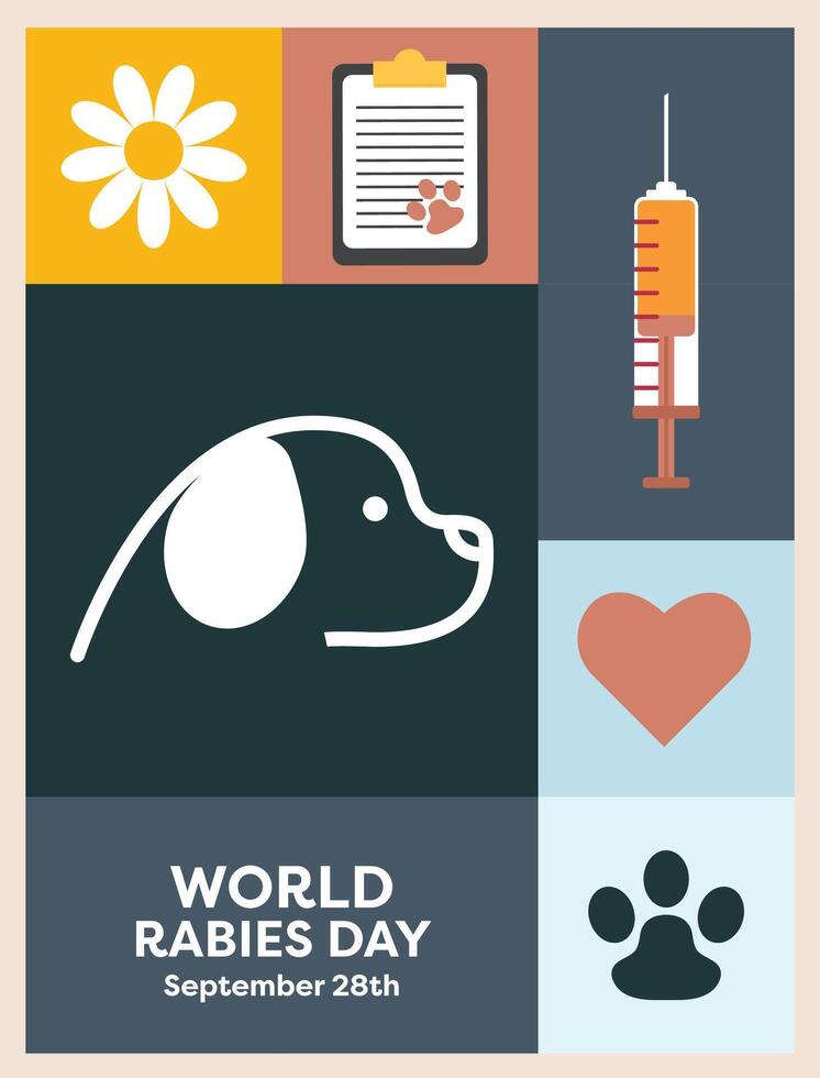 Flat design poster featuring vibrant illustrations for Rabies Day, Pet Day, and Veterinarian Day, with animals and veterinary symbols, promoting awareness and animal health education. vector