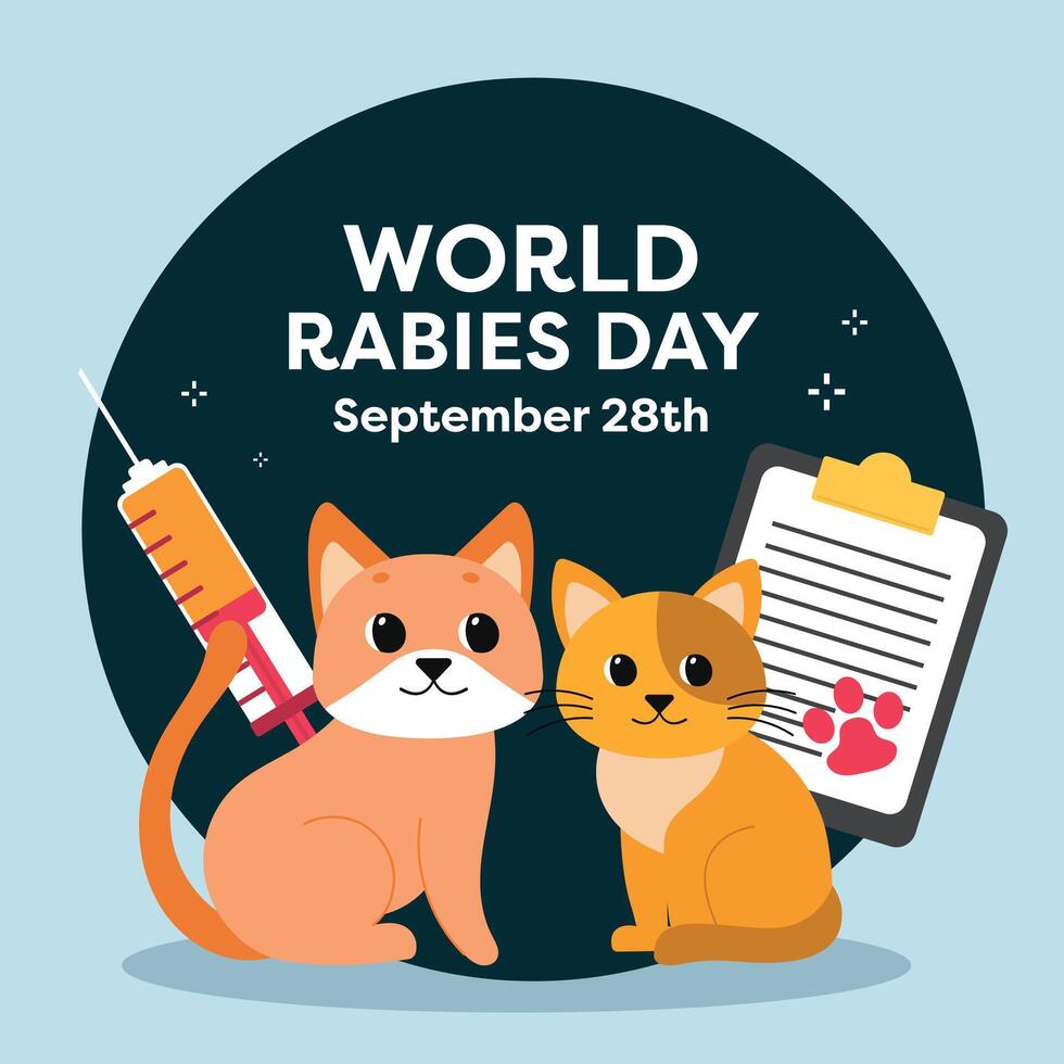 A colorful flat design poster for Rabies Day, Pet Day, and Veterinarian Day, showcasing vibrant animal illustrations and veterinary symbols, focused on raising awareness and education. vector