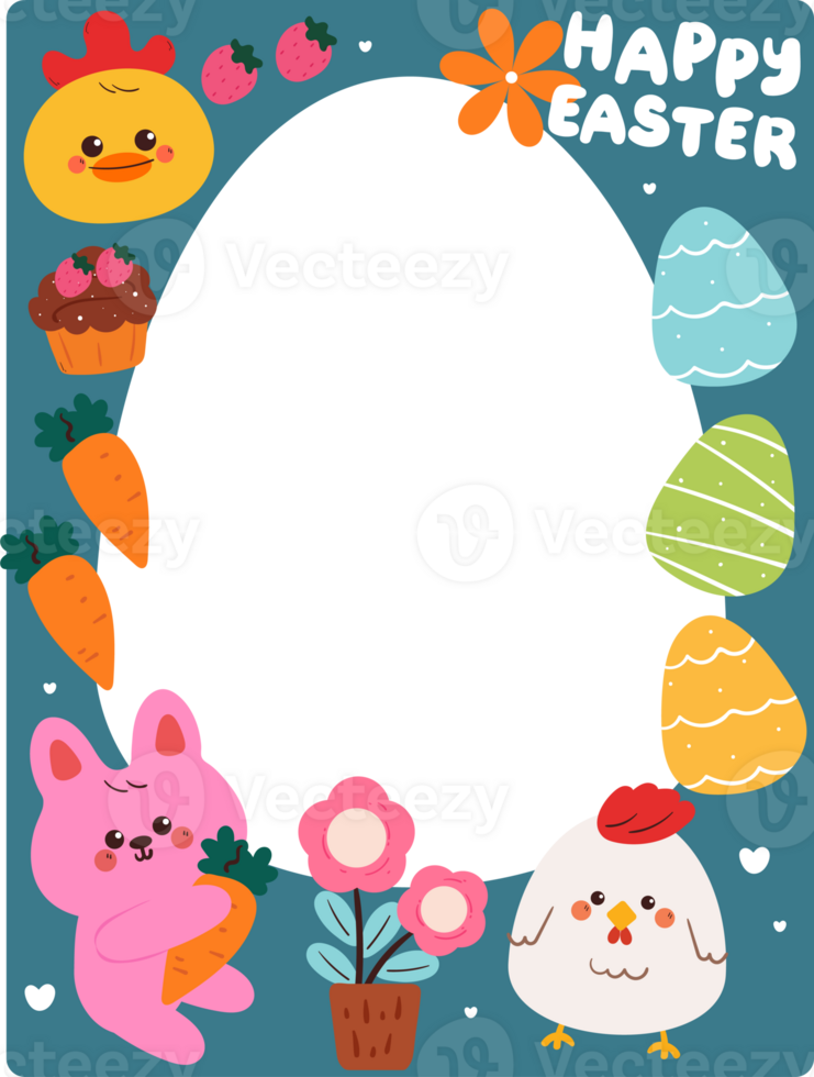 hand drawing cartoon frame with bunny, chicken and easter eggs. cute frame with easter theme png