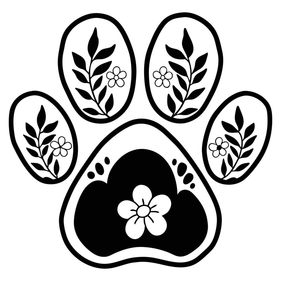 Cute Dog Paw Print with Flower Elements Pet Footprint Clipart Art vector