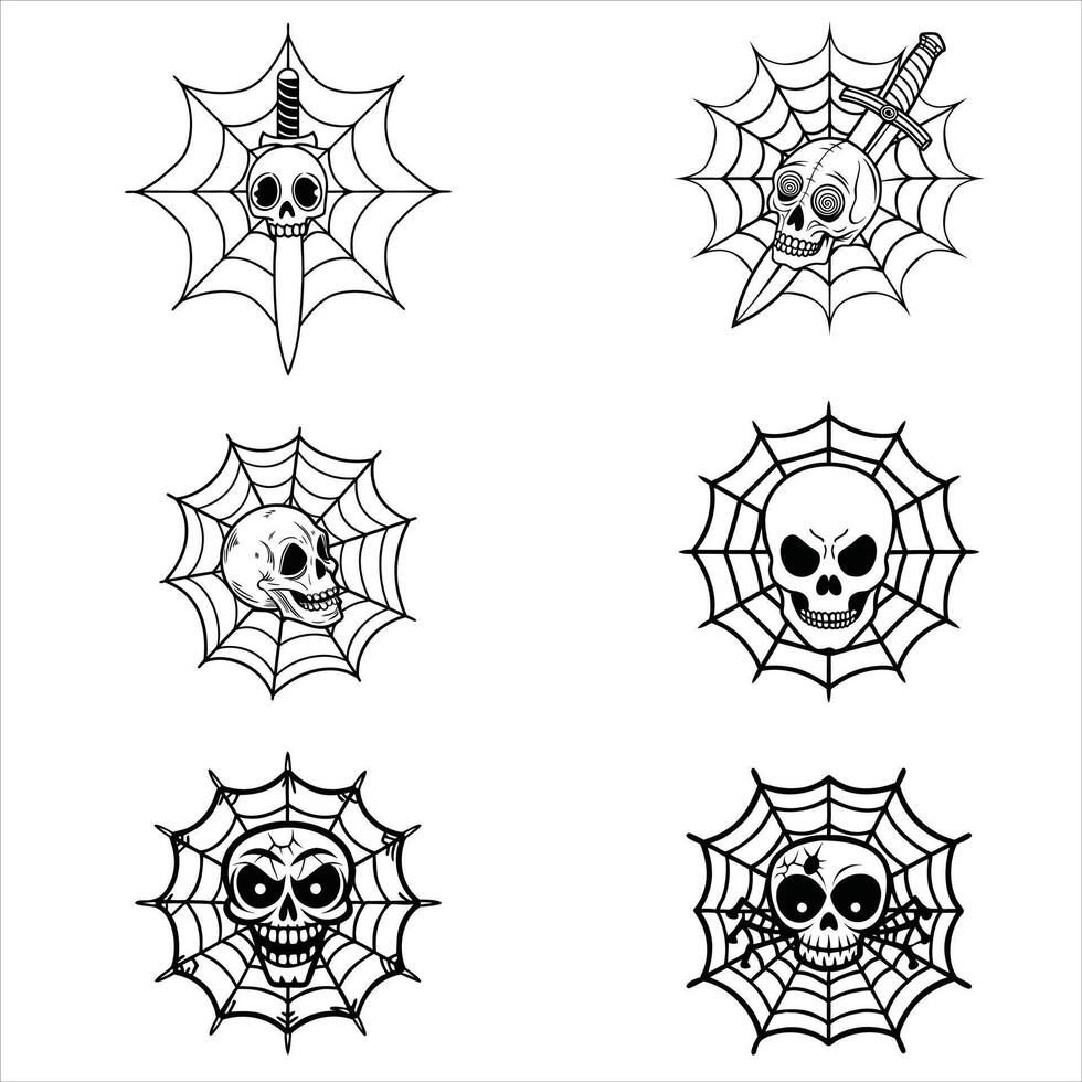 Set of Skull Spider Web illustration, spooky spider web clipart design vector