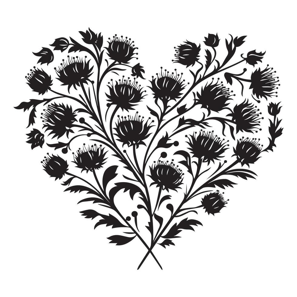 Floral Heart Illustration with Leaf and Bloom Details vector