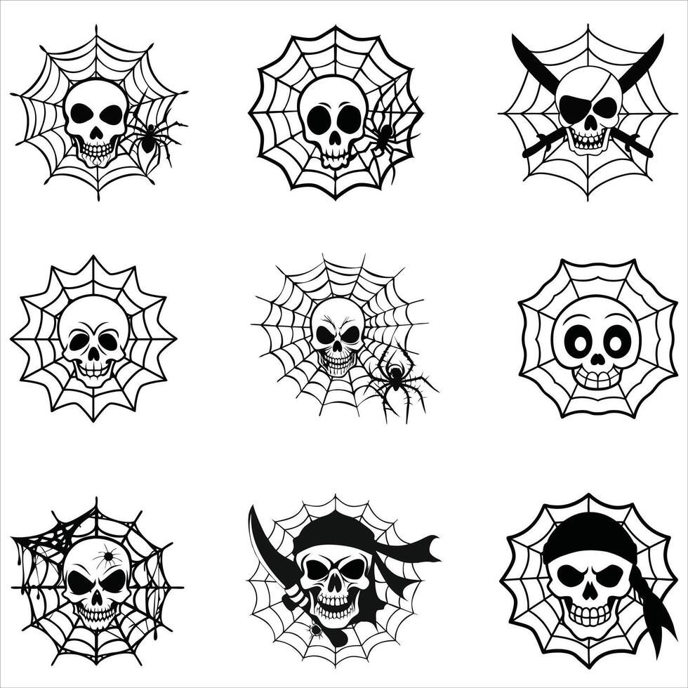 Collection of spooky Skull Spider Web illustration vector