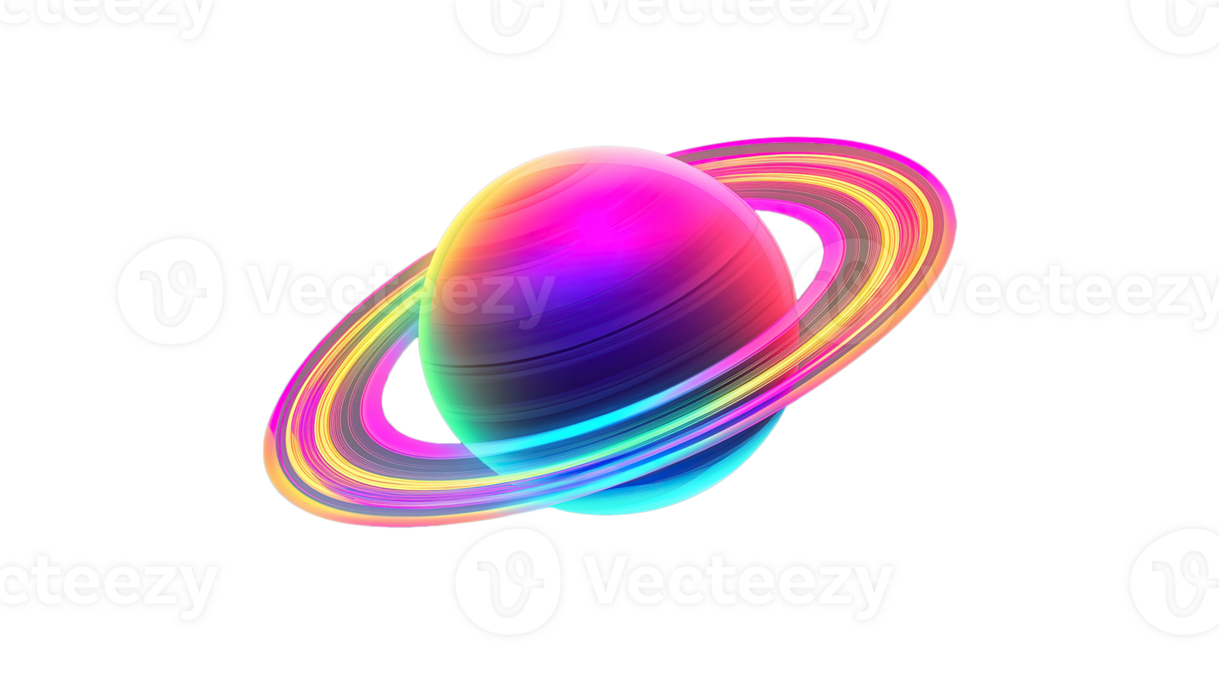 Colorful Celestial Planet with Rings Glowing Neon Pastel Colors on Transparent Background png