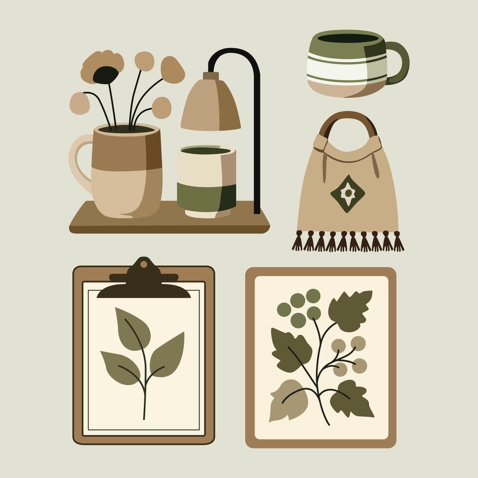 Aesthetic boho clip art set with mugs, clipboard, botanical prints, lamp, and tote bag in earthy green and beige tones. Perfect for lifestyle, home, and decor themes. vector