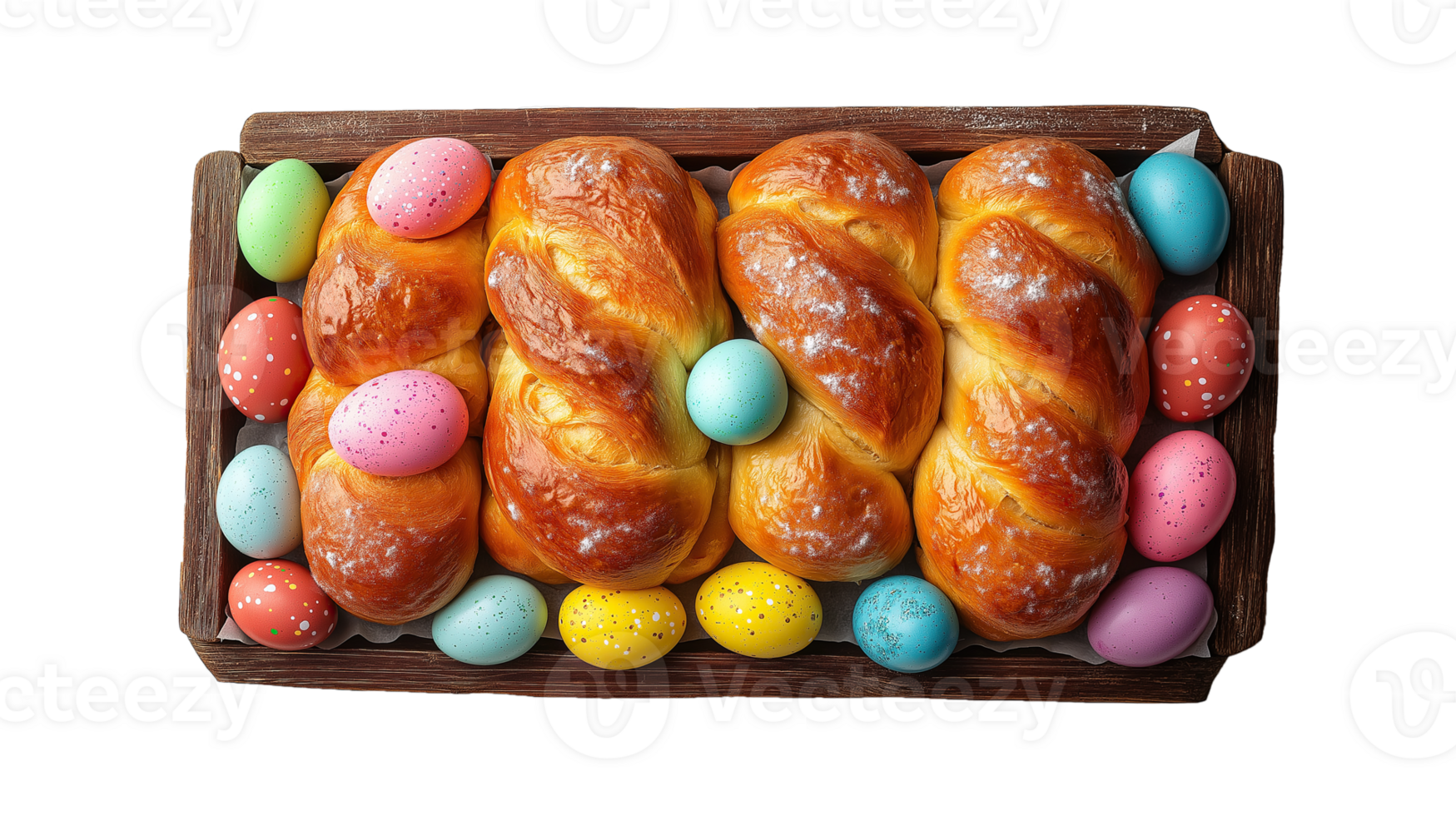 Traditional Easter Bread with Colorful Eggs, Flat Lay style. Isolated on Transparent Background, Easter Concept png