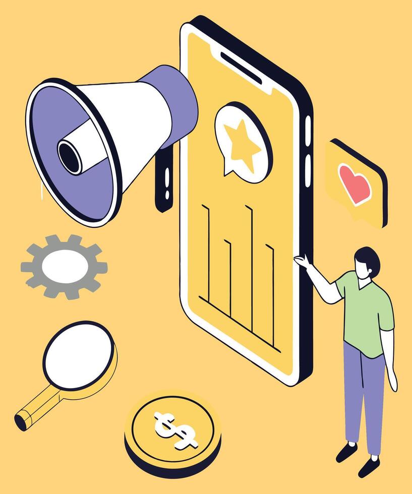 Character working at content creation, analyzing data, communicate with audience. Digital marketing, advertising, promotion concept. Flat isometric vector