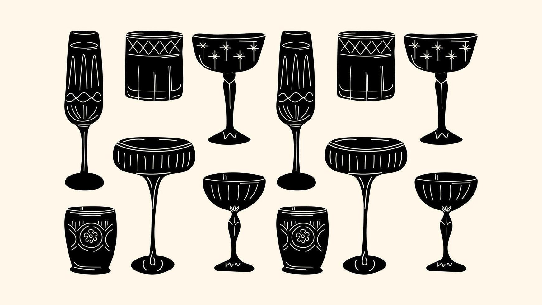 Set alcoholic cocktails in glasses in cartoon retro style of different shapes. Classic summer drinks, aperitif. Hippie groovy drinks hand drawn 4 vector