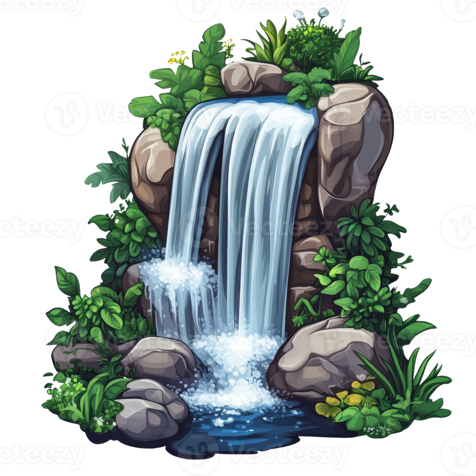 Small Waterfall With Rocks And Bushes png