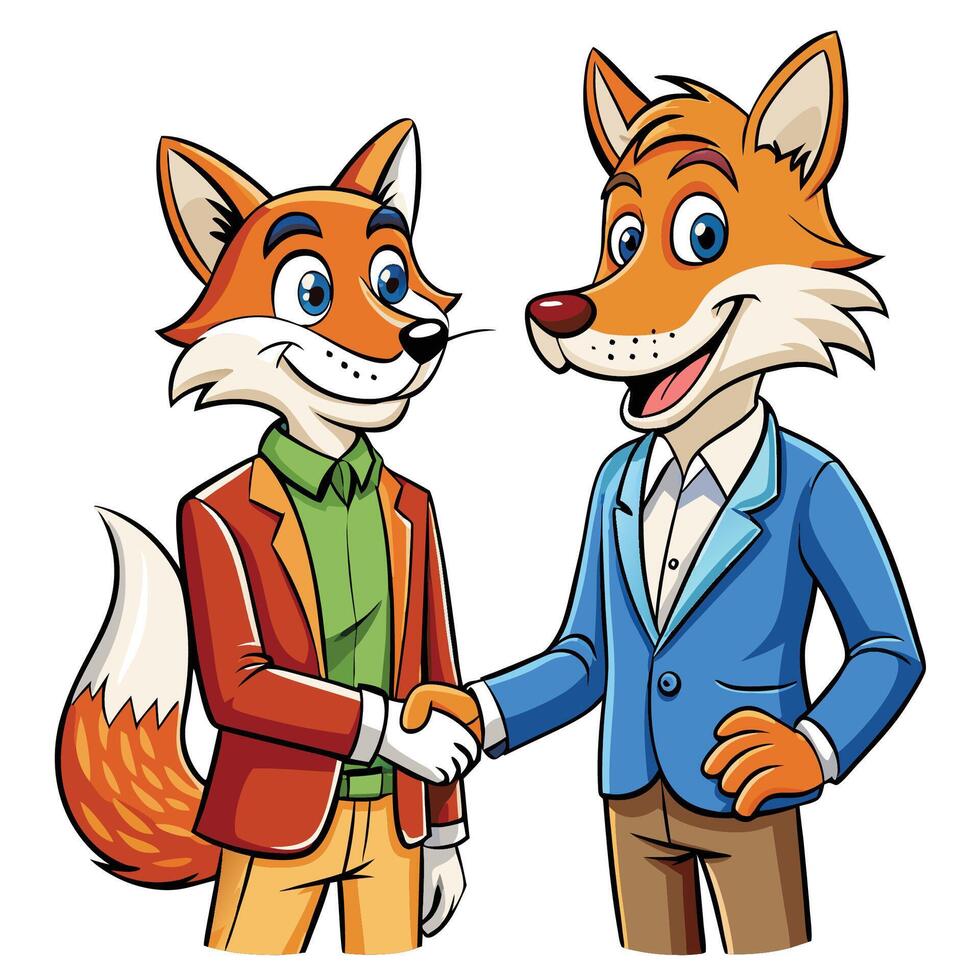 two cartoon foxes shaking hands vector