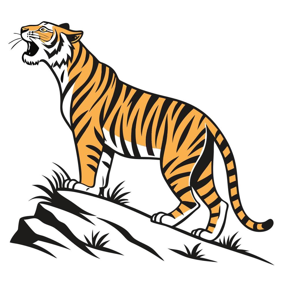 a tiger standing on a hill with grass and grass vector