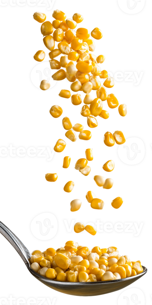Falling Golden Corn Kernels from Spoon on Transparent Background png