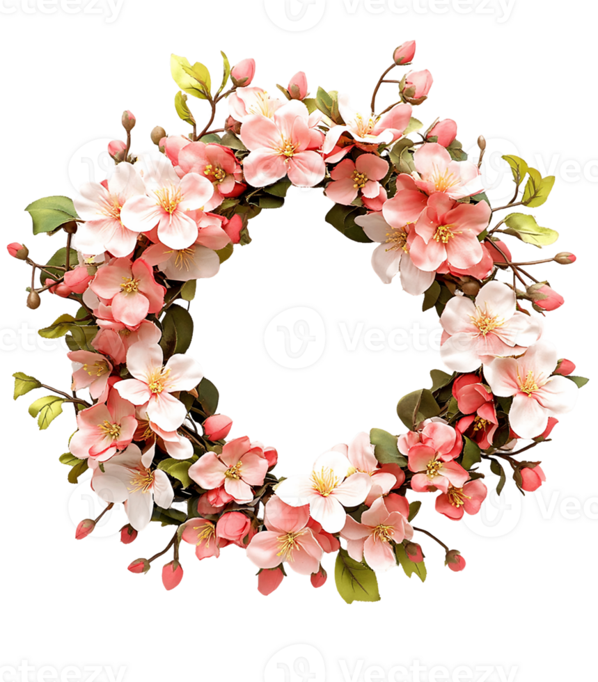 Pink and White Flower Wreath with Green Leaves png