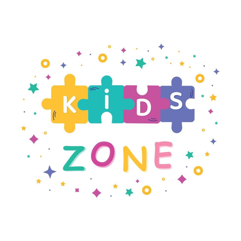 Cartoon colorful logo Kids Zone isolated on white background. Bright multicolored letters to children playroom. illustration vector