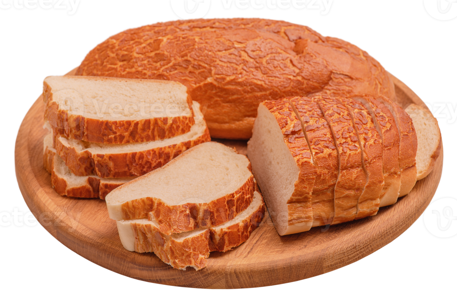 Bread whole and sliced on a wooden round board isolate. Food, bread. png