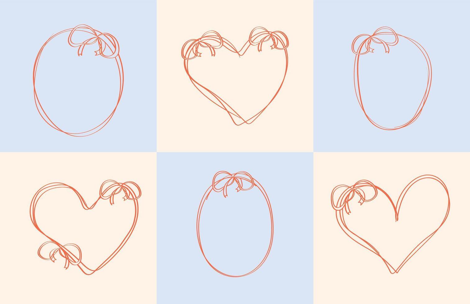 Romantic Heart and Oval Frames with Ribbon Bows on Pastel Backgrounds Hand Drawn Collection vector