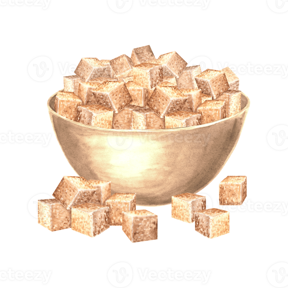 Brown sugar cubes in wooden bowl watercolor illustration isolated. Product of sugar cane processing. Hand drawn sweet ingredient for cooking and bakery. Clipart for food design in realistic style. png