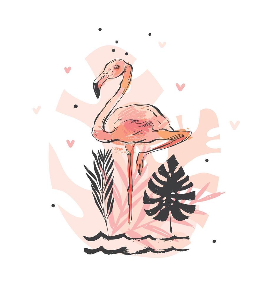 Flamingo illustration with palm leaves and hearts vector
