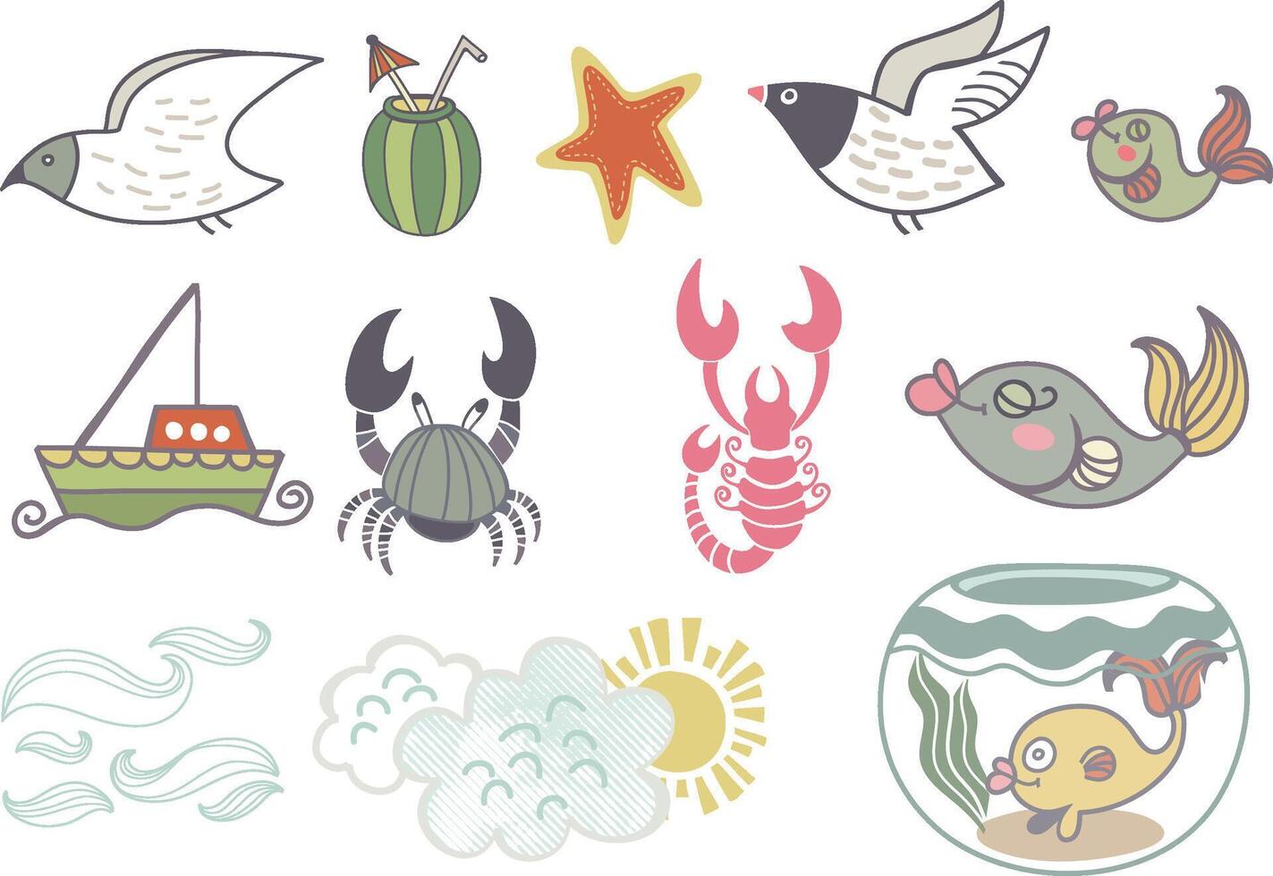 A set of cartoon animals and fish vector