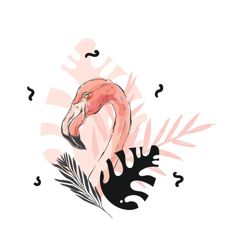 A pink flamingo with leaves and palm trees vector