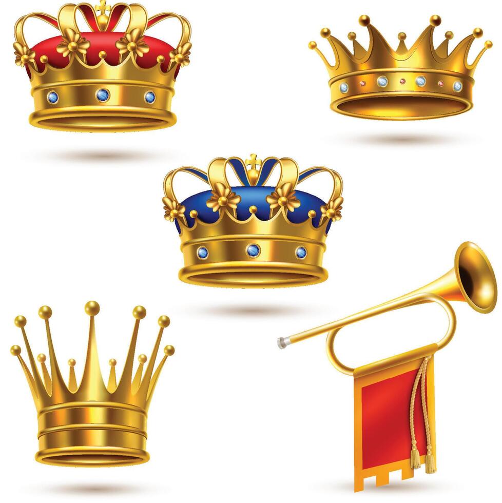 Golden crowns and trumpets set of illustration vector