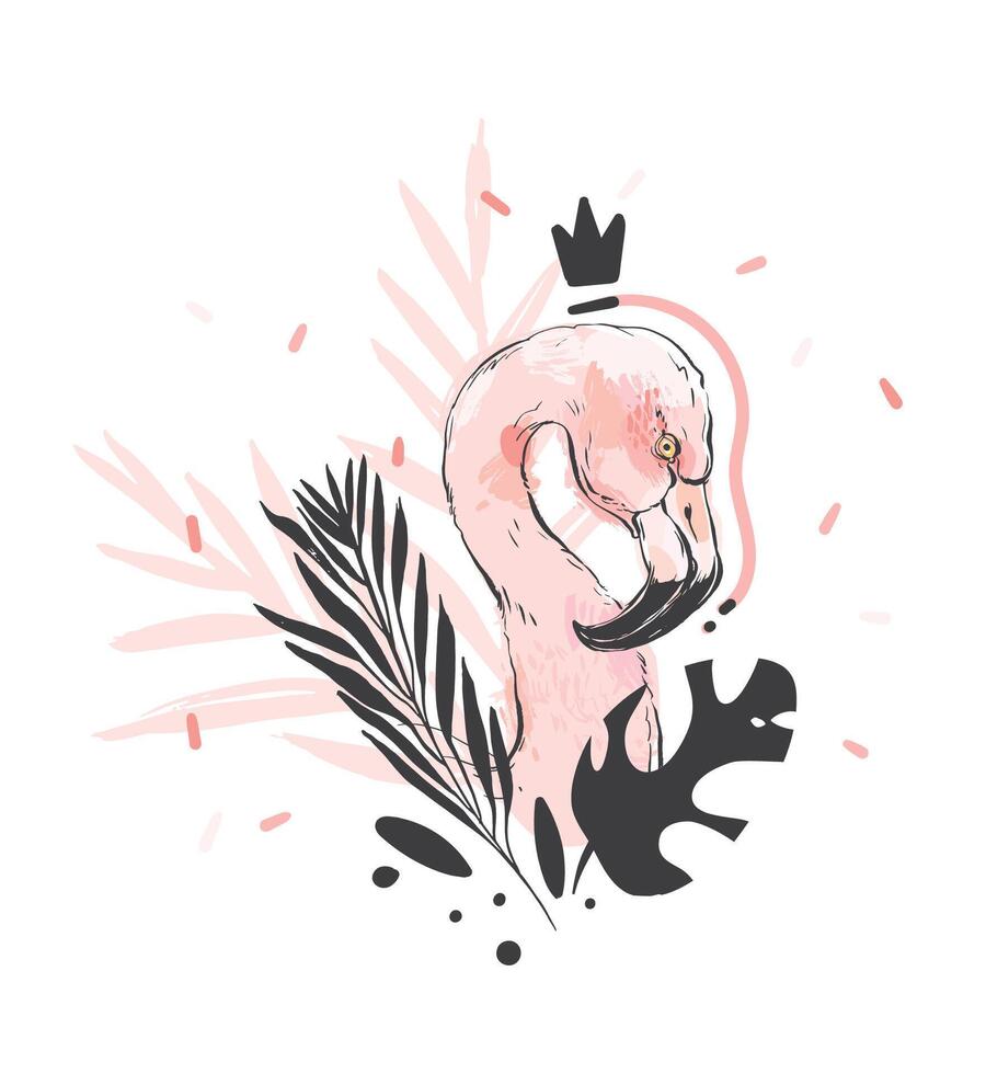 A pink flamingo with leaves and a crown vector
