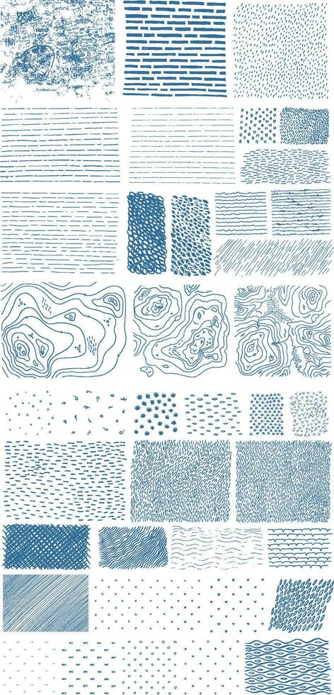 A set of blue and white hand drawn patterns vector