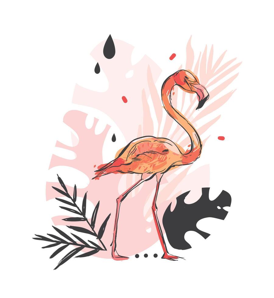 Flamingo illustration with tropical leaves and flowers vector