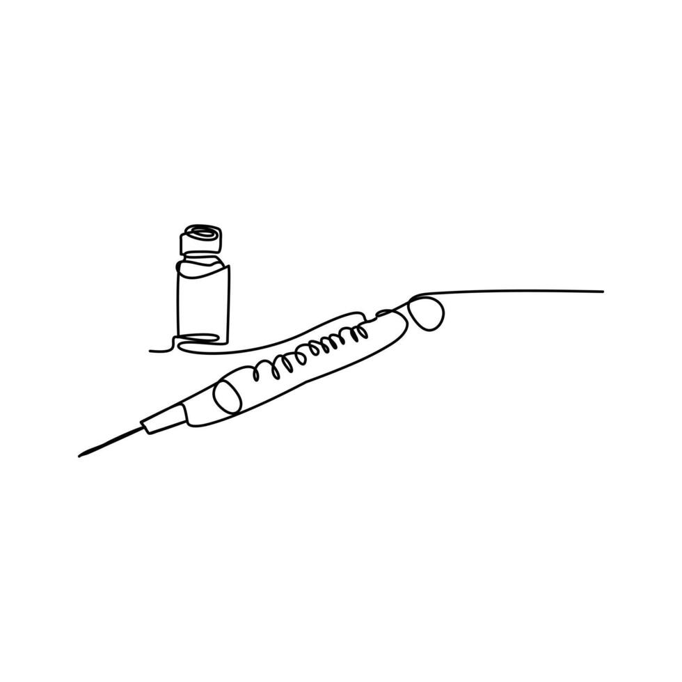 injection with medical icon continuous one line drawing of isolated outline flat caduceus single line vector