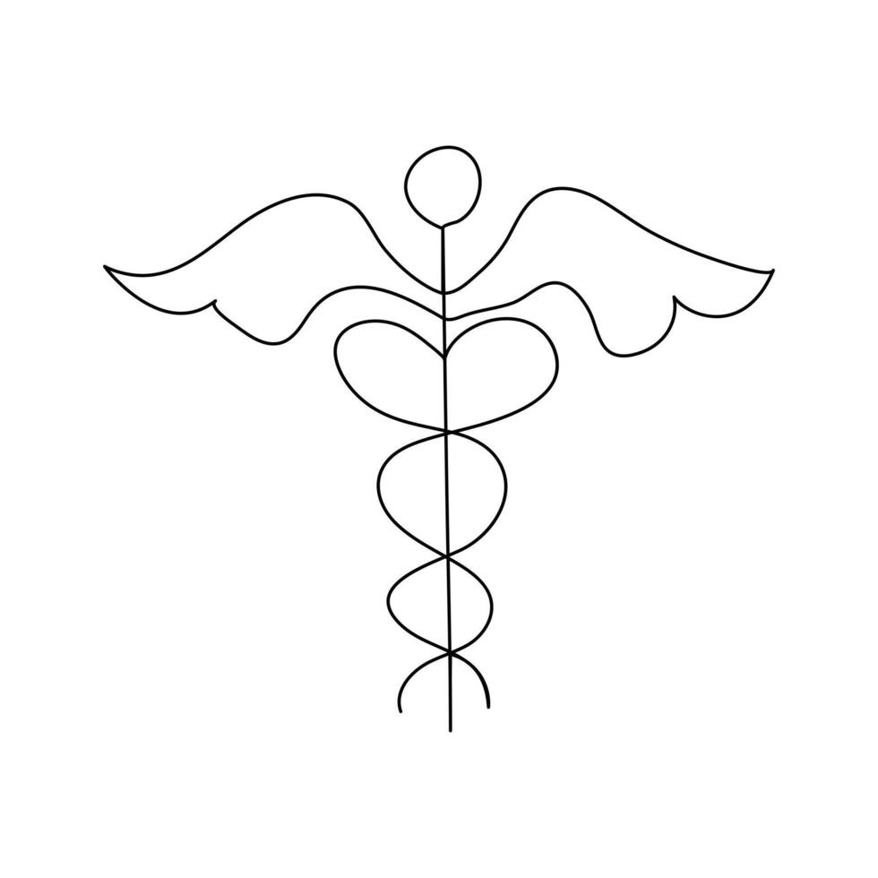 Caduceus with medical icon continuous one line drawing of isolated vector