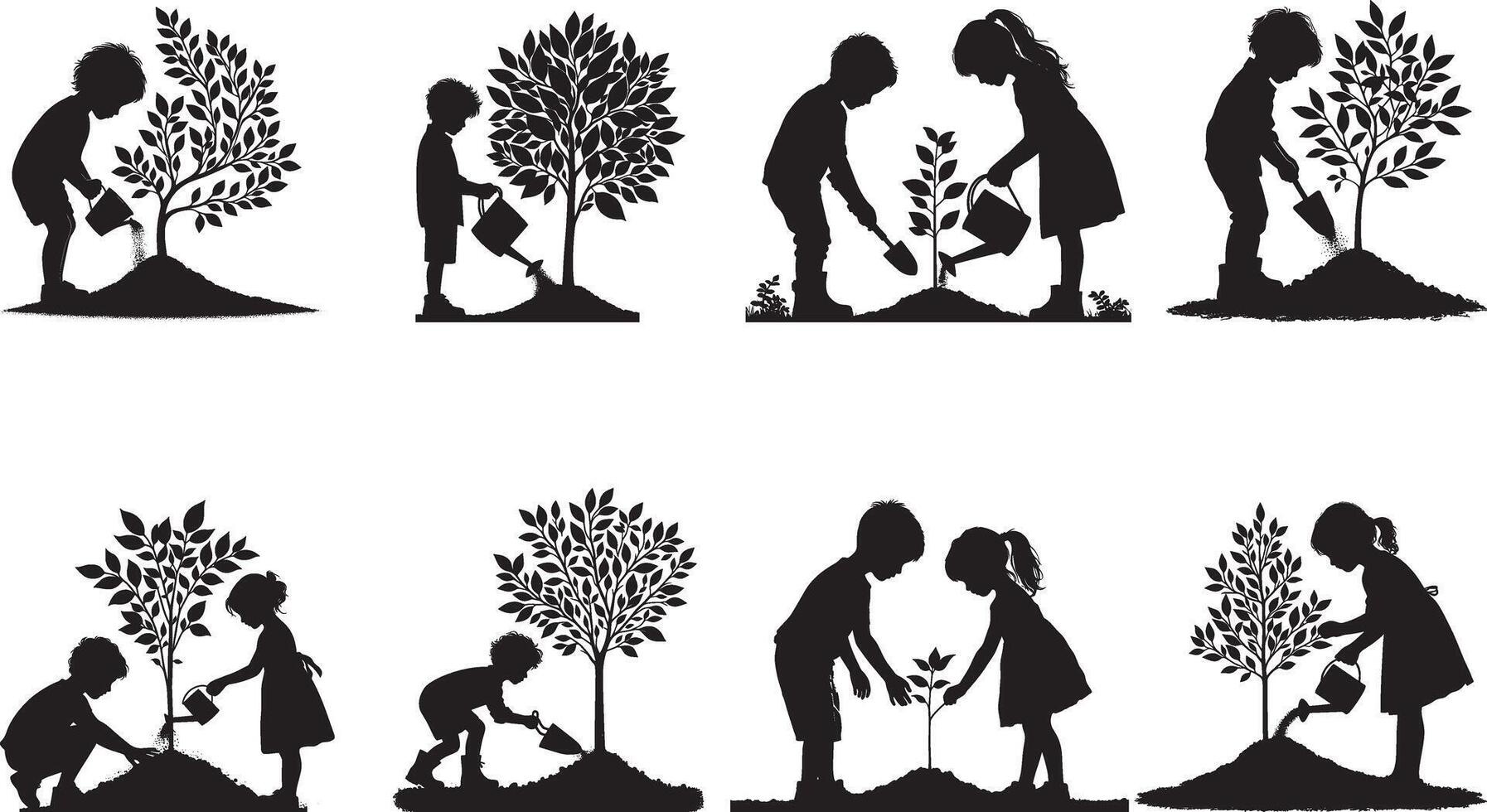 Silhouettes of children planting trees vector