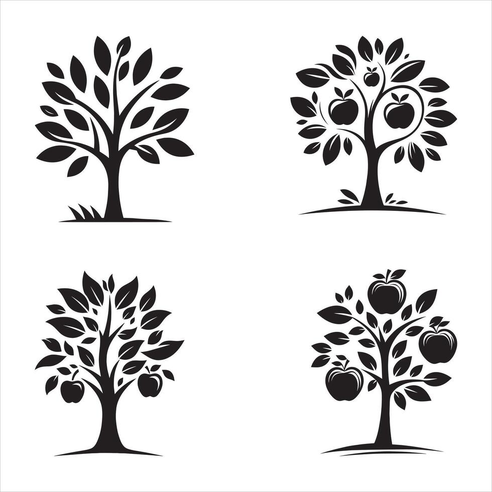 Four black and white silhouettes of trees with apples vector