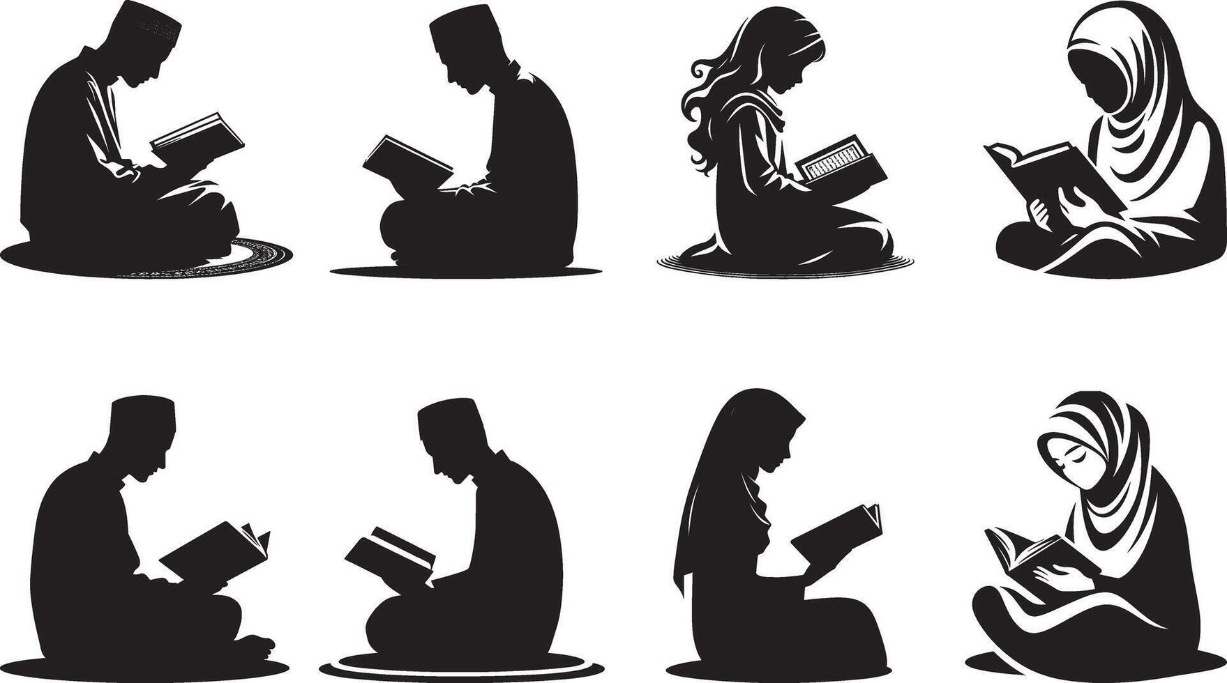 Muslim people reading the holy book in different poses vector