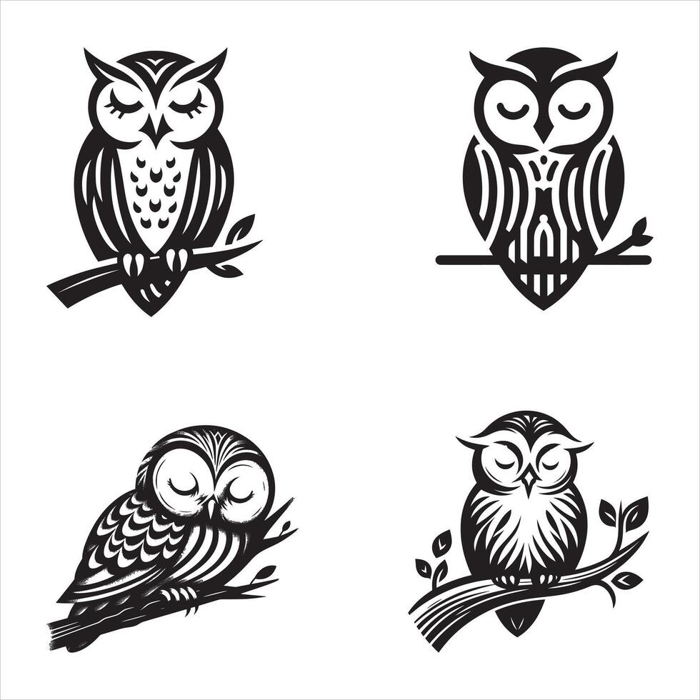 Four owls sitting on branches, with different designs vector
