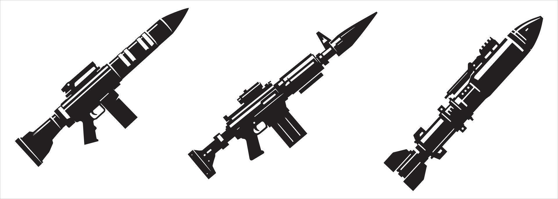 Set of Military Rocket Propelled Grenade Launcher Silhouettes Featuring Different RPG Designs and Tactical Attachments vector